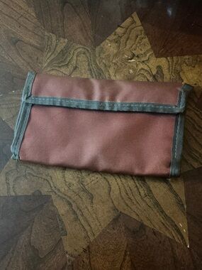 Neutral Trifold Fabric Wallet with Rust Accent